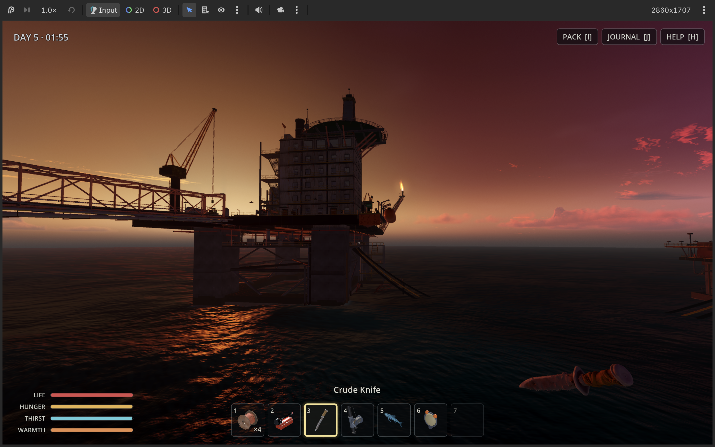 THE ANCHORAGE silhouetted against a copper sunset, connected to the field by a bridge