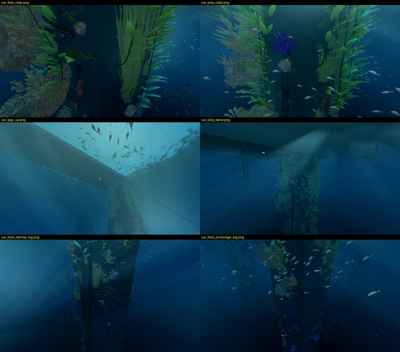 Six views of reef and kelp around the platform legs